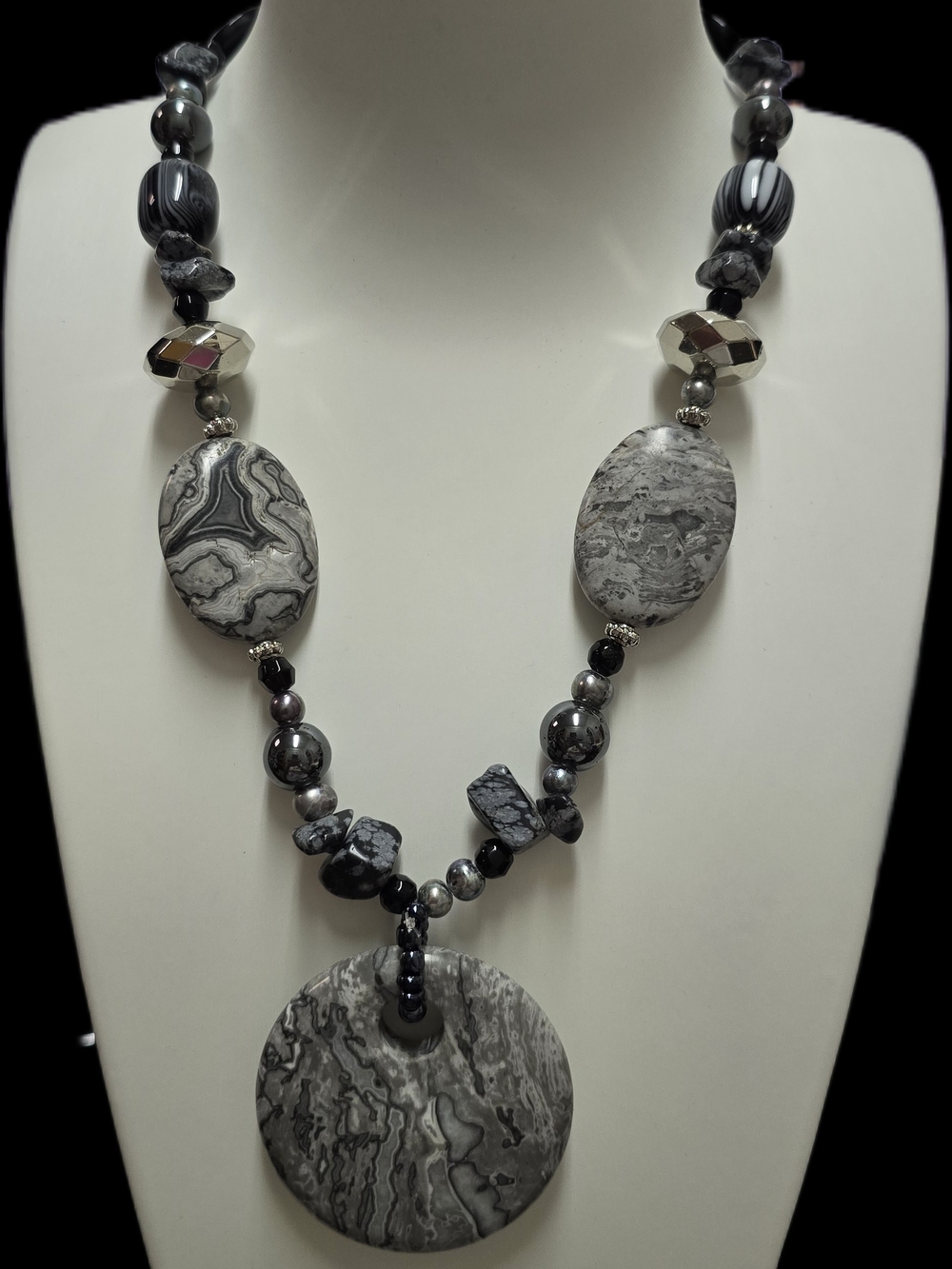 Stone Pendant and Art Glass Necklace Crazy Lace Agate Snowflake Obsidian